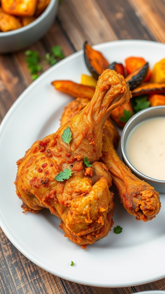 Crispy air fried chicken on a plate with herbs and roasted vegetables.